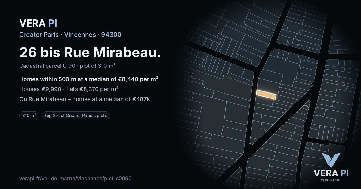26 bis Rue Mirabeau, Vincennes at night – the plot lit, the parcels around coloured by the prices near them
