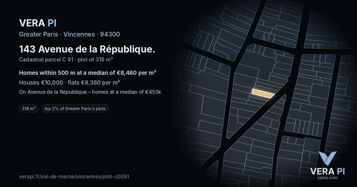 143 Avenue de la République, Vincennes at night – the plot lit, the parcels around coloured by the prices near them