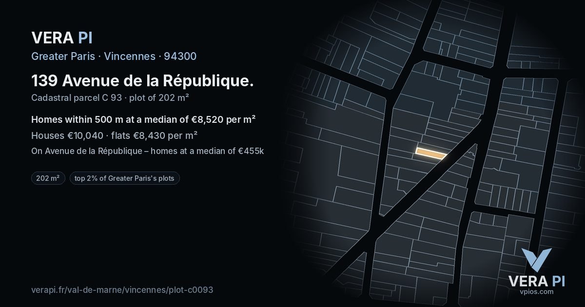 139 Avenue de la République, Vincennes at night – the plot lit, the parcels around coloured by the prices near them