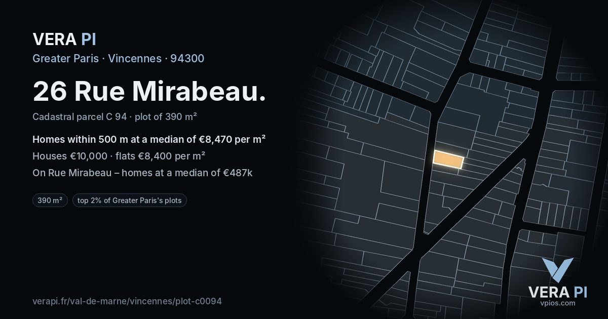26 Rue Mirabeau, Vincennes at night – the plot lit, the parcels around coloured by the prices near them
