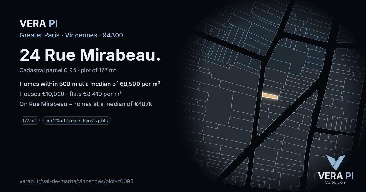 24 Rue Mirabeau, Vincennes at night – the plot lit, the parcels around coloured by the prices near them