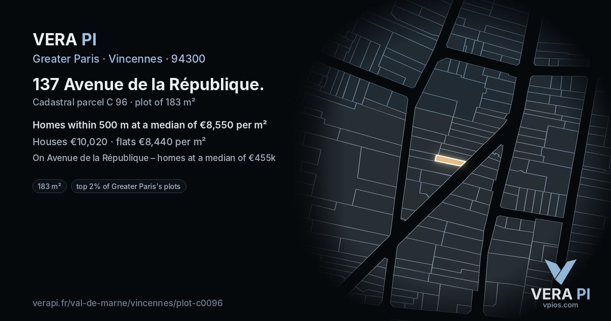 137 Avenue de la République, Vincennes at night – the plot lit, the parcels around coloured by the prices near them