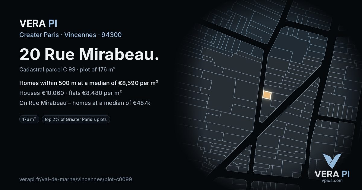 20 Rue Mirabeau, Vincennes at night – the plot lit, the parcels around coloured by the prices near them