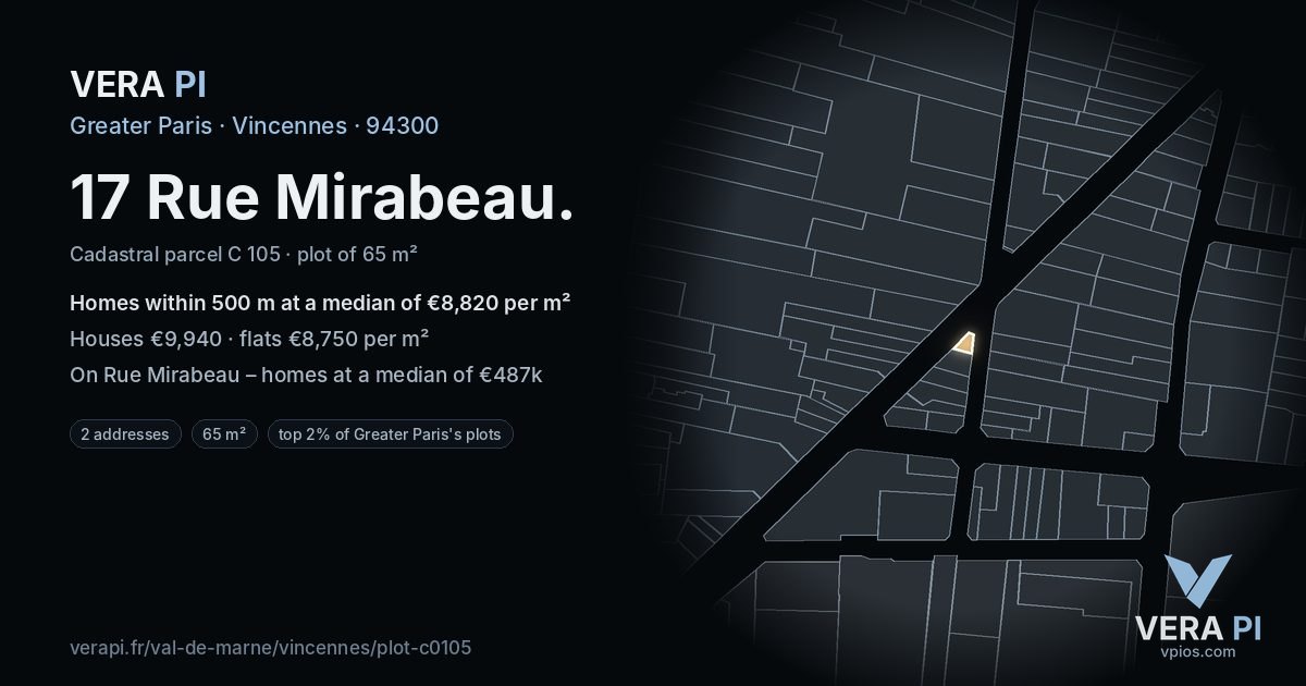 17 Rue Mirabeau, Vincennes at night – the plot lit, the parcels around coloured by the prices near them
