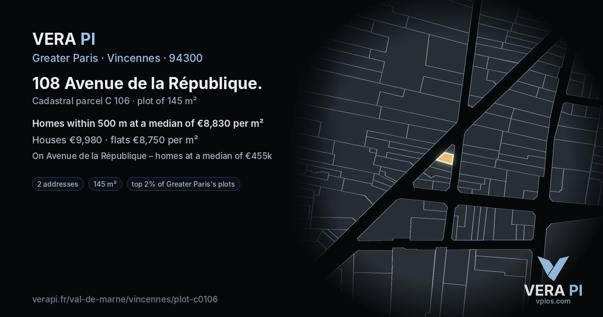 108 Avenue de la République, Vincennes at night – the plot lit, the parcels around coloured by the prices near them