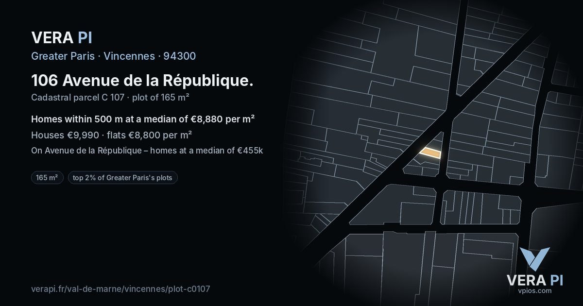 106 Avenue de la République, Vincennes at night – the plot lit, the parcels around coloured by the prices near them