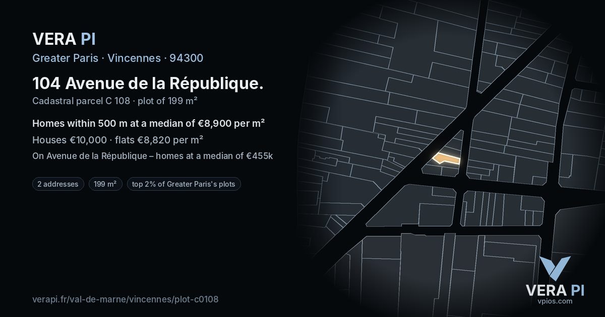 104 Avenue de la République, Vincennes at night – the plot lit, the parcels around coloured by the prices near them