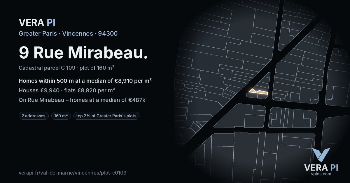 9 Rue Mirabeau, Vincennes at night – the plot lit, the parcels around coloured by the prices near them