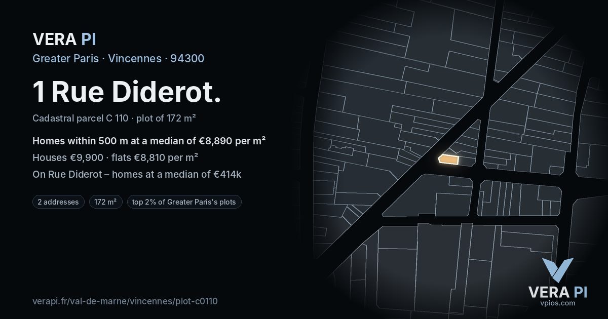 1 Rue Diderot, Vincennes at night – the plot lit, the parcels around coloured by the prices near them