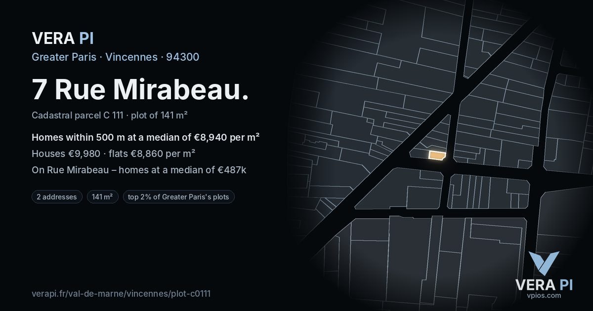 7 Rue Mirabeau, Vincennes at night – the plot lit, the parcels around coloured by the prices near them
