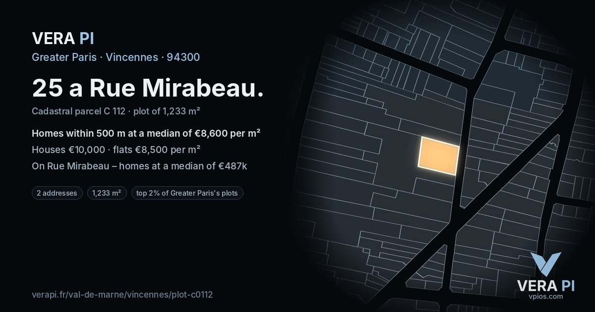 25 a Rue Mirabeau, Vincennes at night – the plot lit, the parcels around coloured by the prices near them
