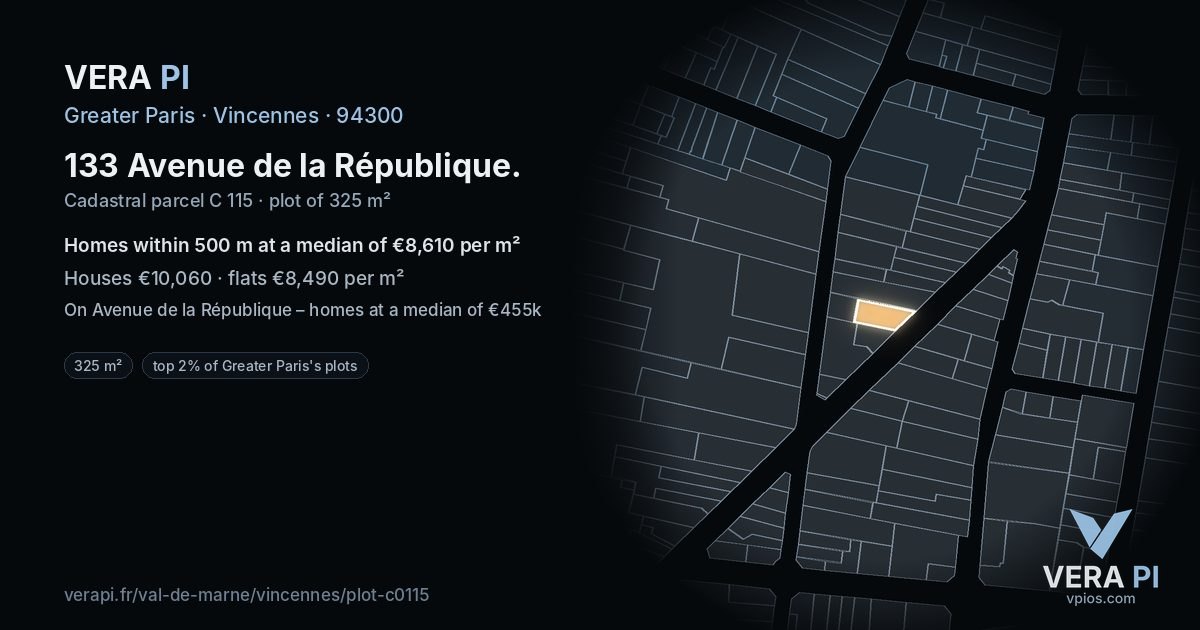 133 Avenue de la République, Vincennes at night – the plot lit, the parcels around coloured by the prices near them