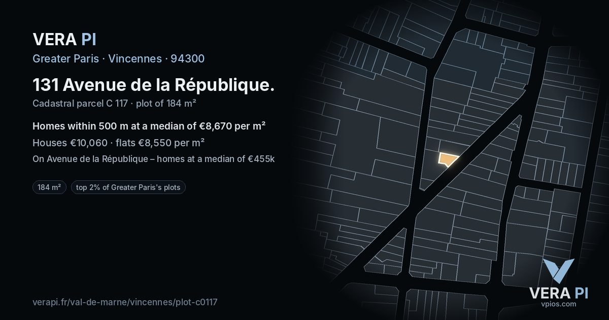 131 Avenue de la République, Vincennes at night – the plot lit, the parcels around coloured by the prices near them