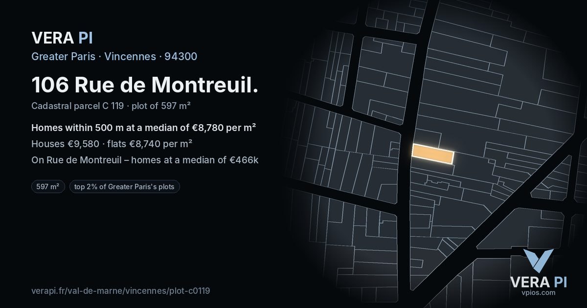106 Rue de Montreuil, Vincennes at night – the plot lit, the parcels around coloured by the prices near them