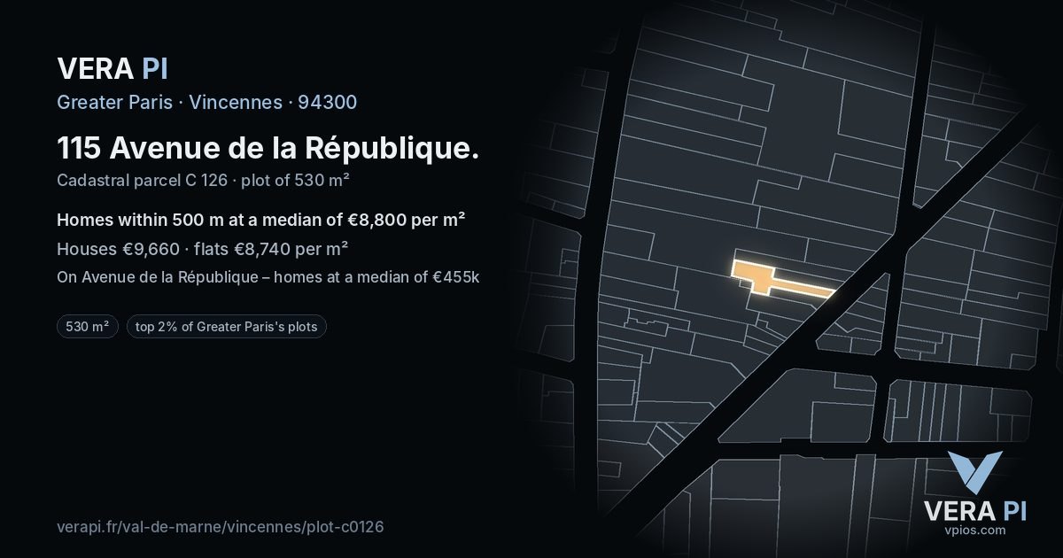 115 Avenue de la République, Vincennes at night – the plot lit, the parcels around coloured by the prices near them