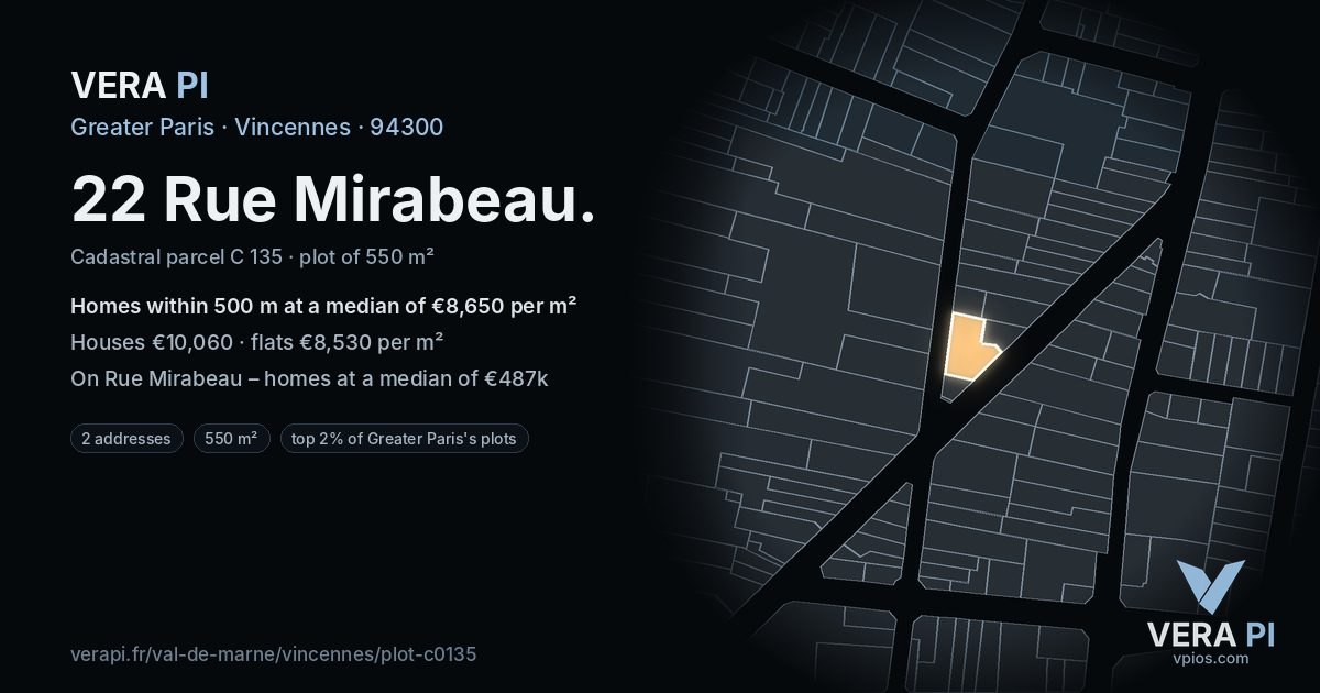 22 Rue Mirabeau, Vincennes at night – the plot lit, the parcels around coloured by the prices near them