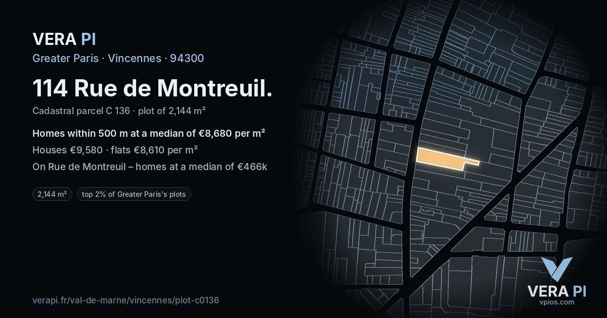 114 Rue de Montreuil, Vincennes at night – the plot lit, the parcels around coloured by the prices near them