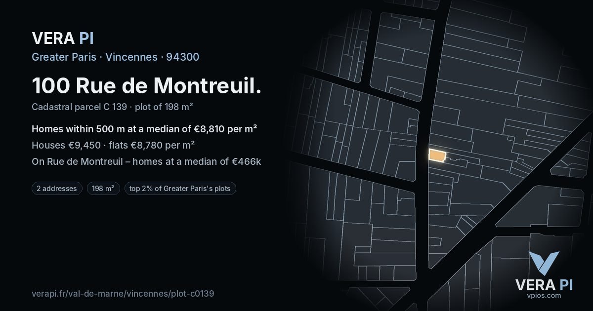 100 Rue de Montreuil, Vincennes at night – the plot lit, the parcels around coloured by the prices near them