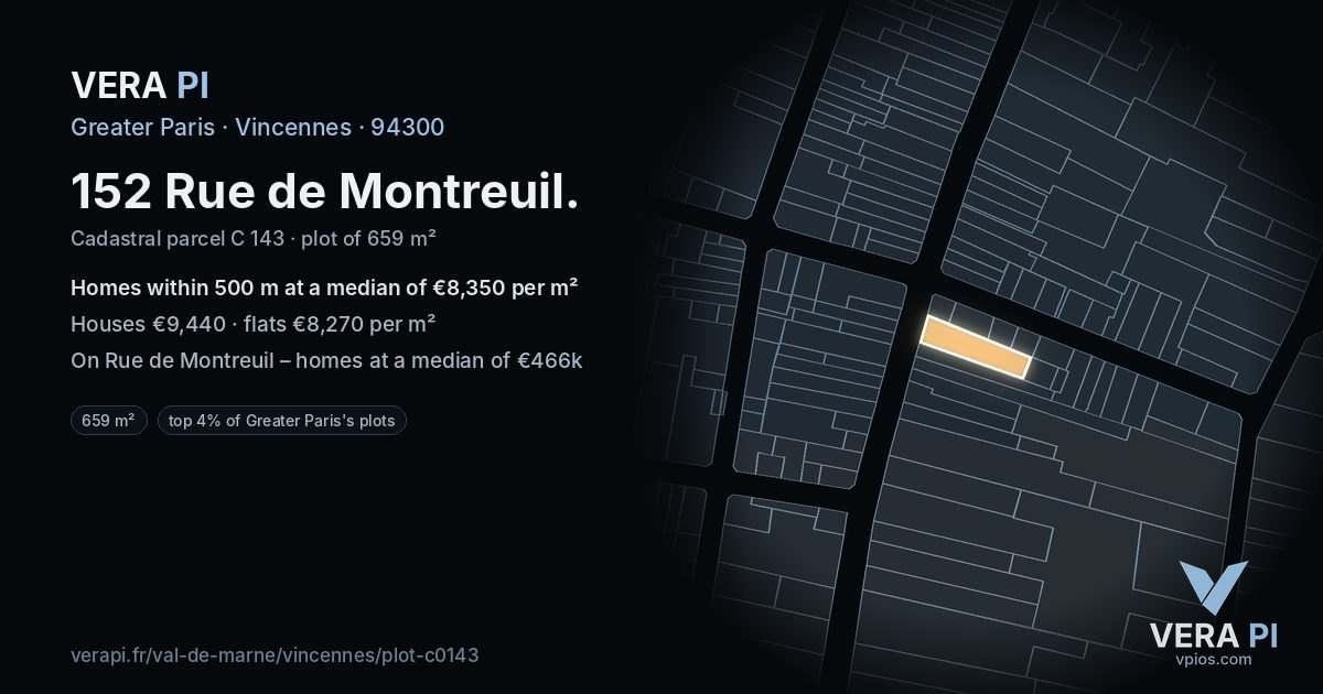 152 Rue de Montreuil, Vincennes at night – the plot lit, the parcels around coloured by the prices near them