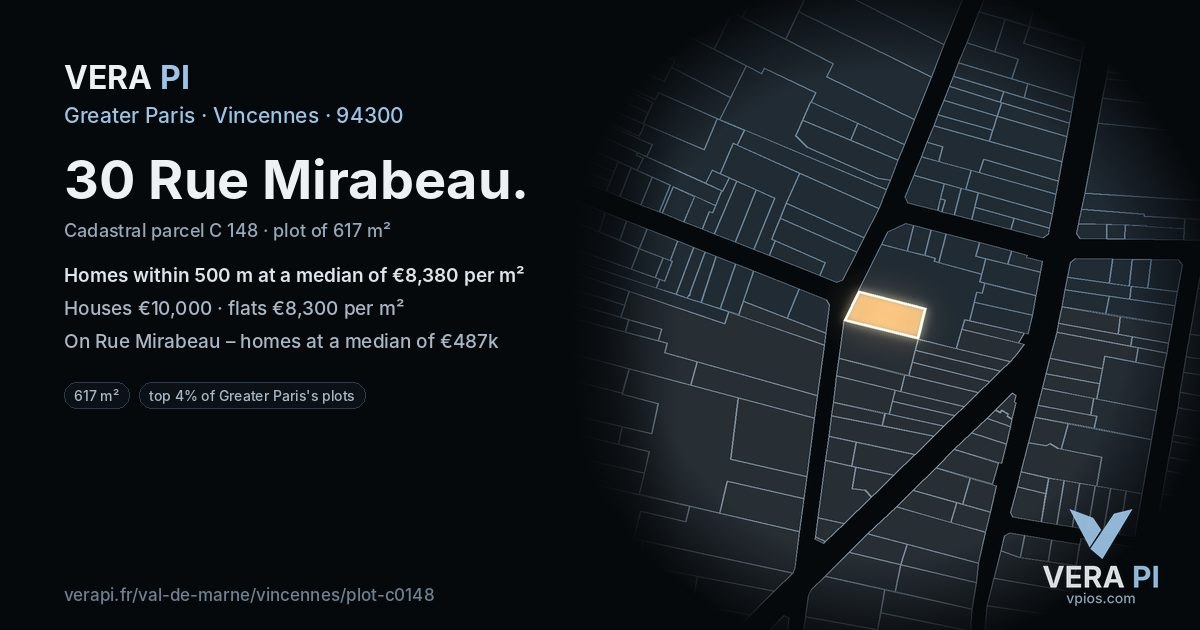 30 Rue Mirabeau, Vincennes at night – the plot lit, the parcels around coloured by the prices near them