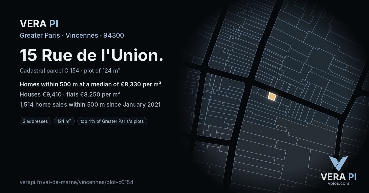 15 Rue de l'Union, Vincennes at night – the plot lit, the parcels around coloured by the prices near them