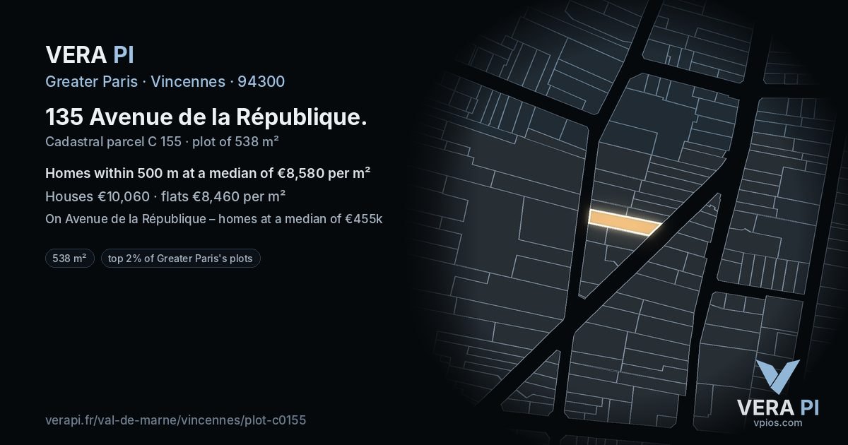 135 Avenue de la République, Vincennes at night – the plot lit, the parcels around coloured by the prices near them