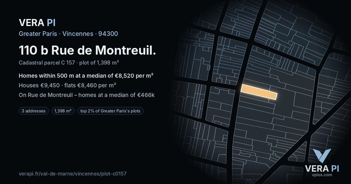 110 b Rue de Montreuil, Vincennes at night – the plot lit, the parcels around coloured by the prices near them