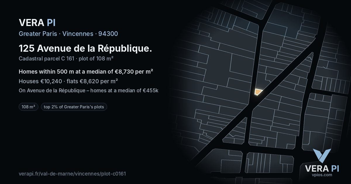 125 Avenue de la République, Vincennes at night – the plot lit, the parcels around coloured by the prices near them