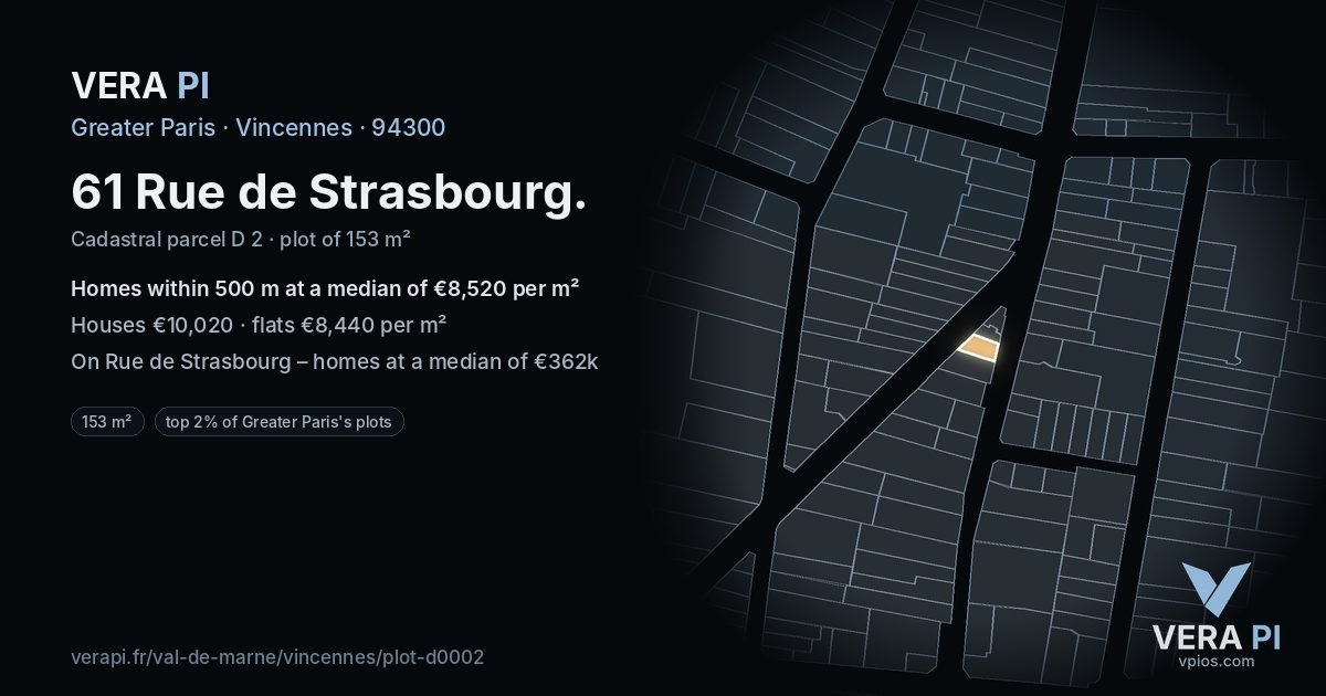 61 Rue de Strasbourg, Vincennes at night – the plot lit, the parcels around coloured by the prices near them