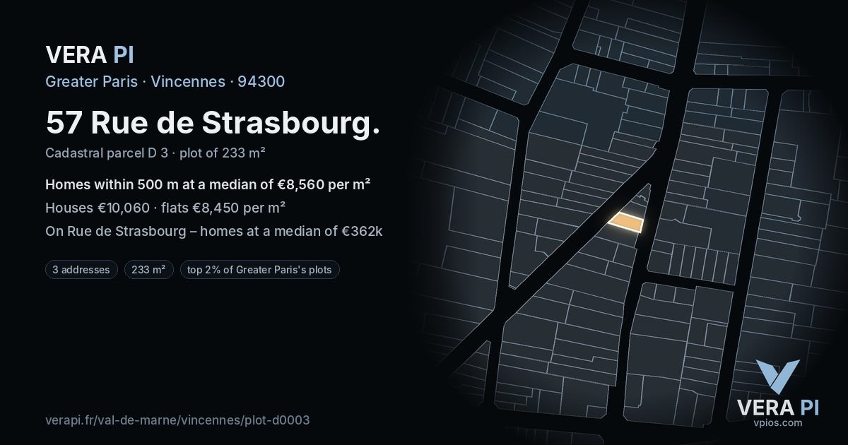 57 Rue de Strasbourg, Vincennes at night – the plot lit, the parcels around coloured by the prices near them