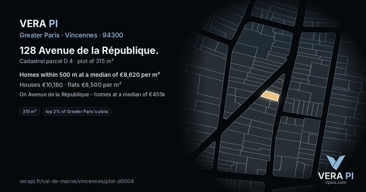 128 Avenue de la République, Vincennes at night – the plot lit, the parcels around coloured by the prices near them