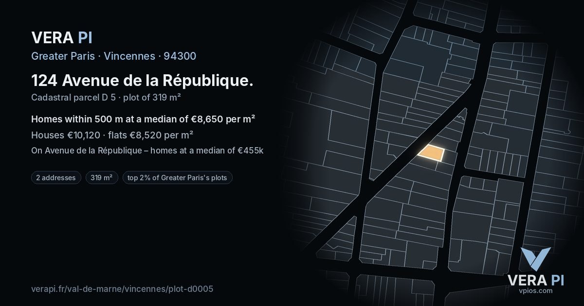 124 Avenue de la République, Vincennes at night – the plot lit, the parcels around coloured by the prices near them