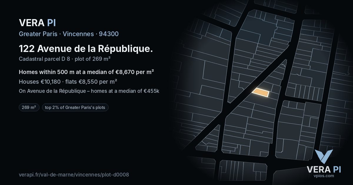 122 Avenue de la République, Vincennes at night – the plot lit, the parcels around coloured by the prices near them