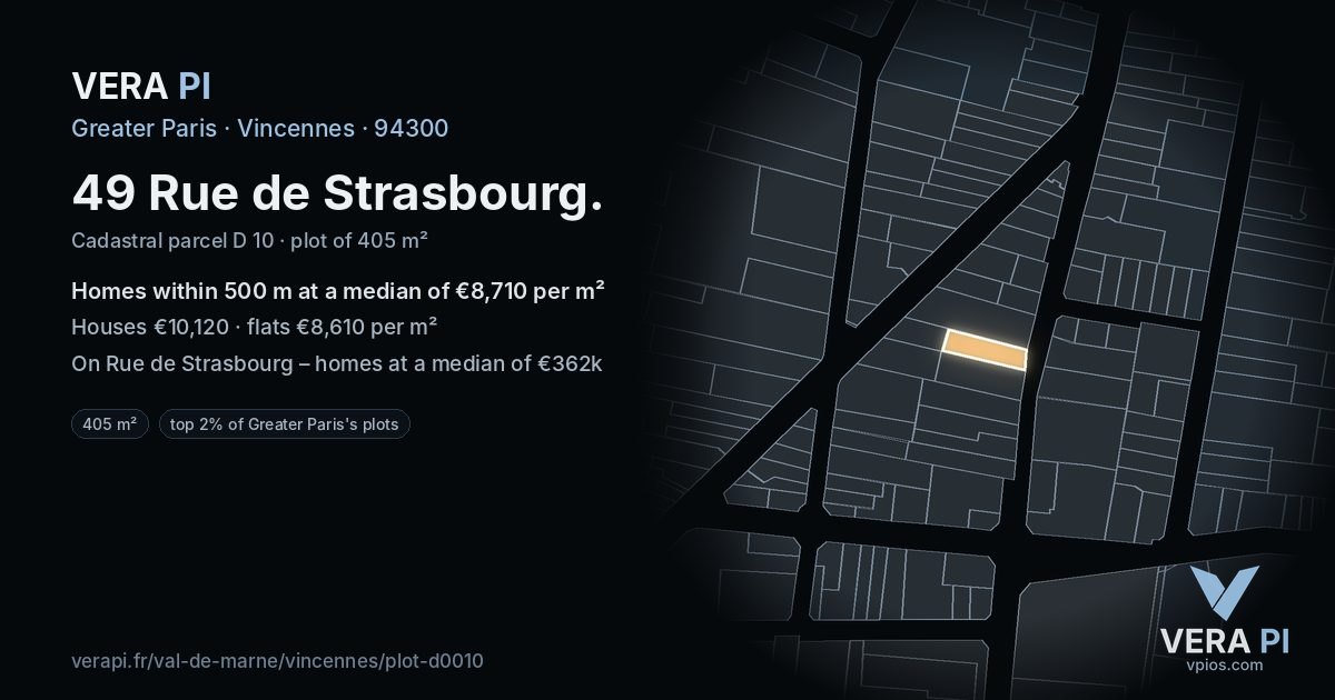 49 Rue de Strasbourg, Vincennes at night – the plot lit, the parcels around coloured by the prices near them