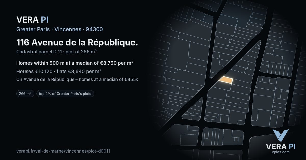 116 Avenue de la République, Vincennes at night – the plot lit, the parcels around coloured by the prices near them