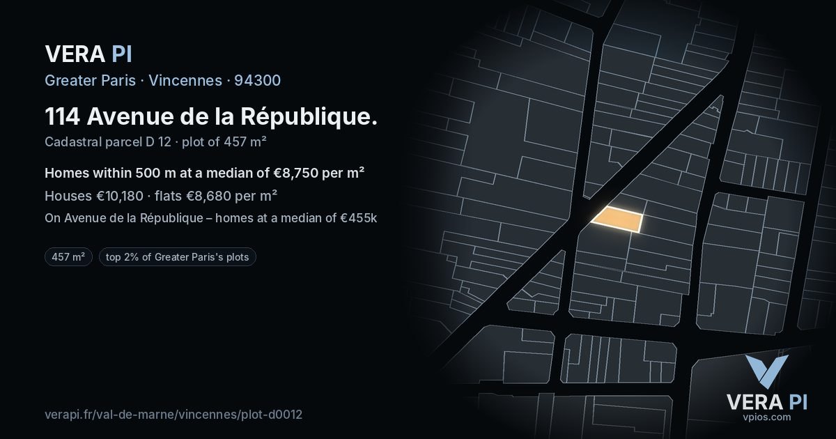 114 Avenue de la République, Vincennes at night – the plot lit, the parcels around coloured by the prices near them