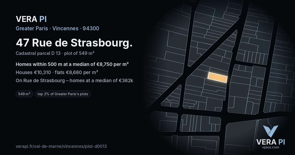 47 Rue de Strasbourg, Vincennes at night – the plot lit, the parcels around coloured by the prices near them