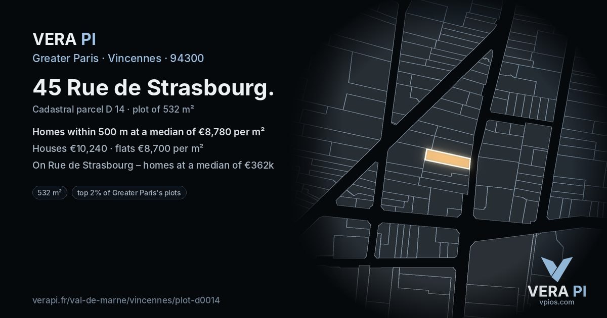 45 Rue de Strasbourg, Vincennes at night – the plot lit, the parcels around coloured by the prices near them