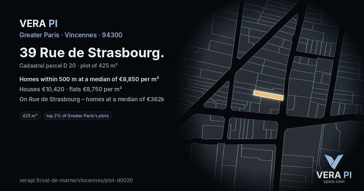 39 Rue de Strasbourg, Vincennes at night – the plot lit, the parcels around coloured by the prices near them