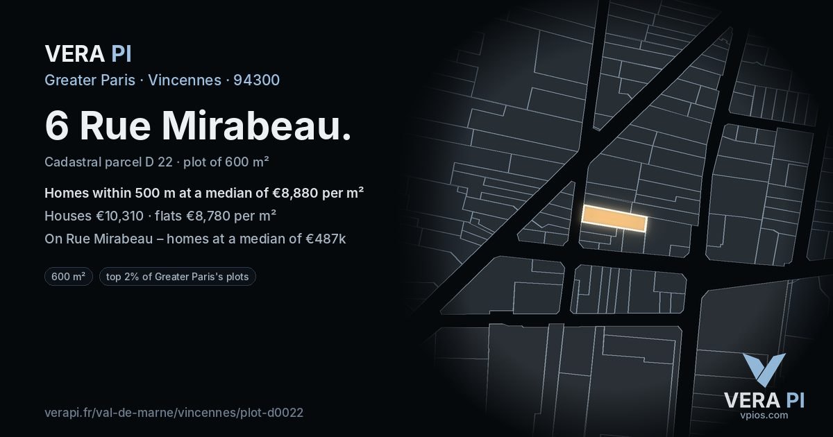 6 Rue Mirabeau, Vincennes at night – the plot lit, the parcels around coloured by the prices near them