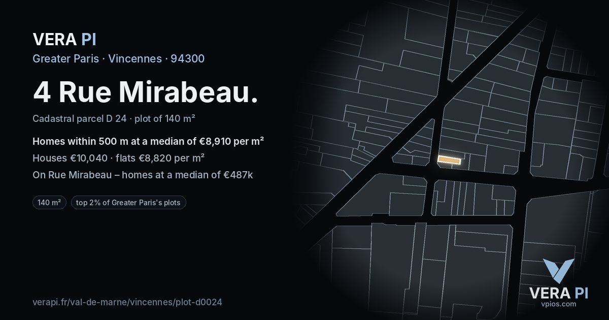 4 Rue Mirabeau, Vincennes at night – the plot lit, the parcels around coloured by the prices near them