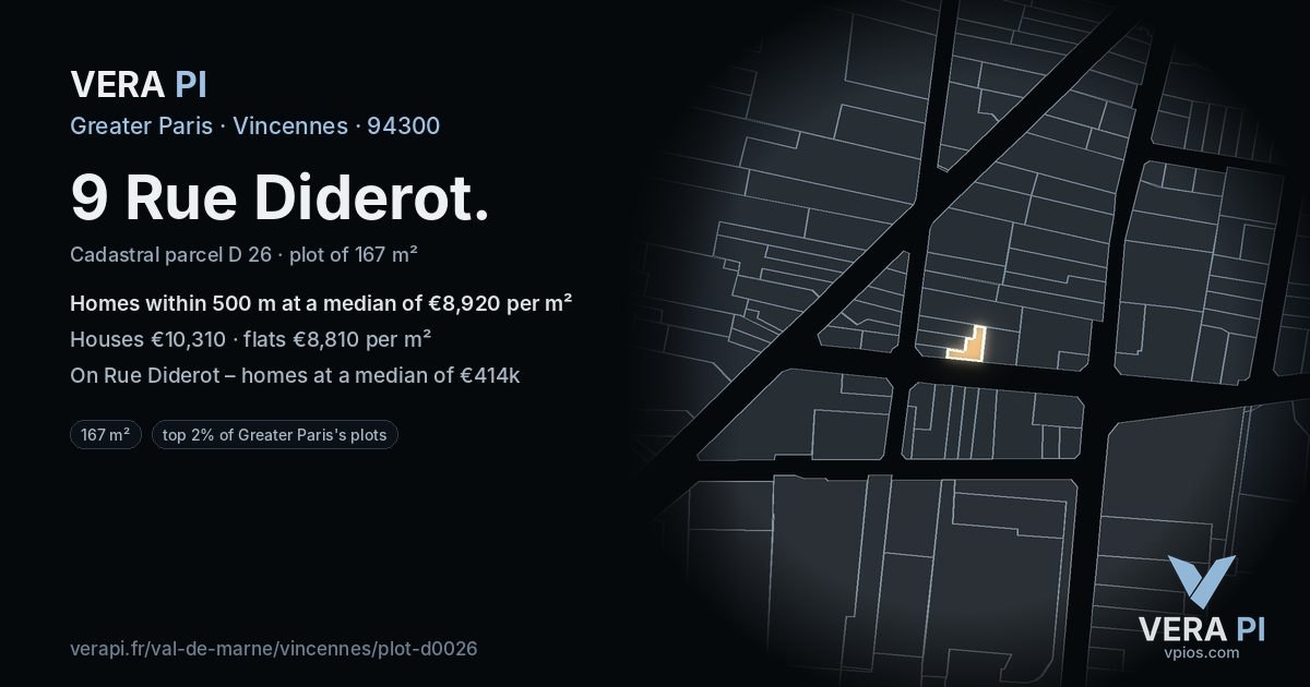 9 Rue Diderot, Vincennes at night – the plot lit, the parcels around coloured by the prices near them