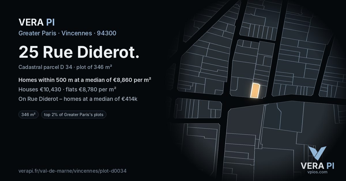 25 Rue Diderot, Vincennes at night – the plot lit, the parcels around coloured by the prices near them