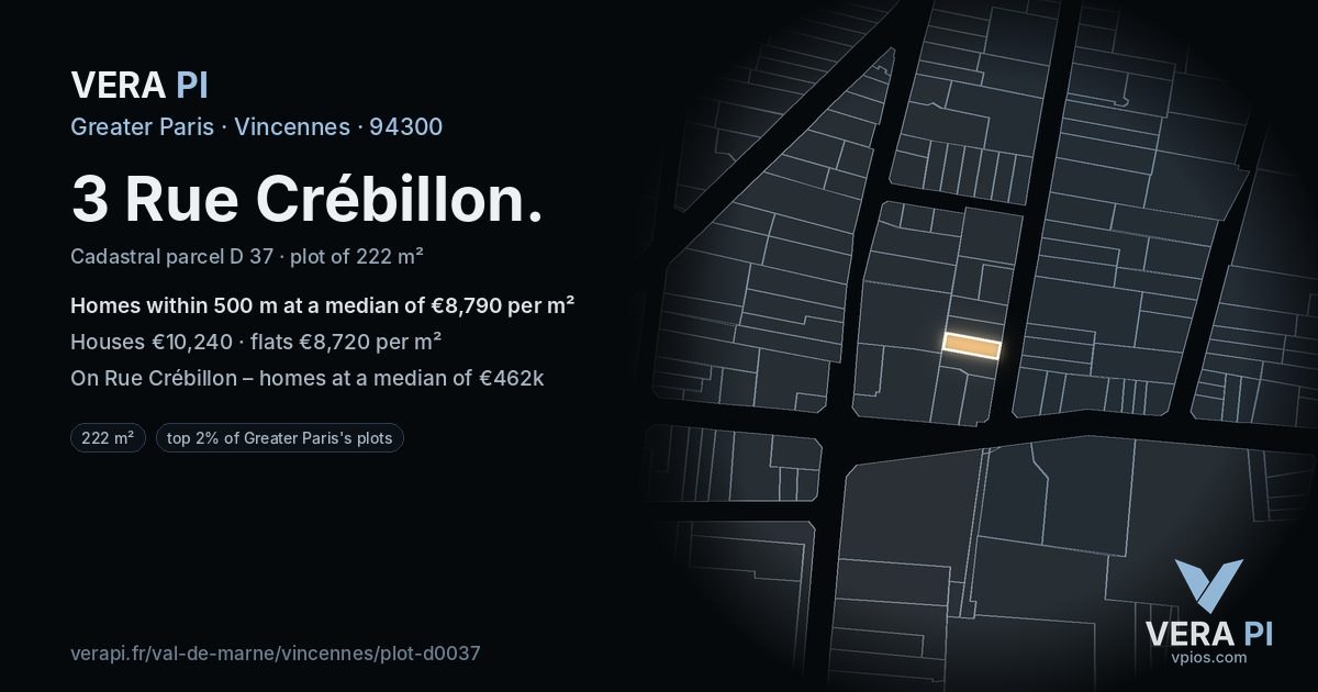 3 Rue Crébillon, Vincennes at night – the plot lit, the parcels around coloured by the prices near them