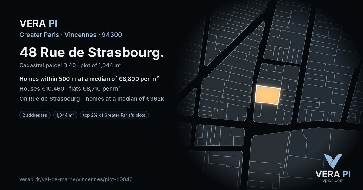 48 Rue de Strasbourg, Vincennes at night – the plot lit, the parcels around coloured by the prices near them
