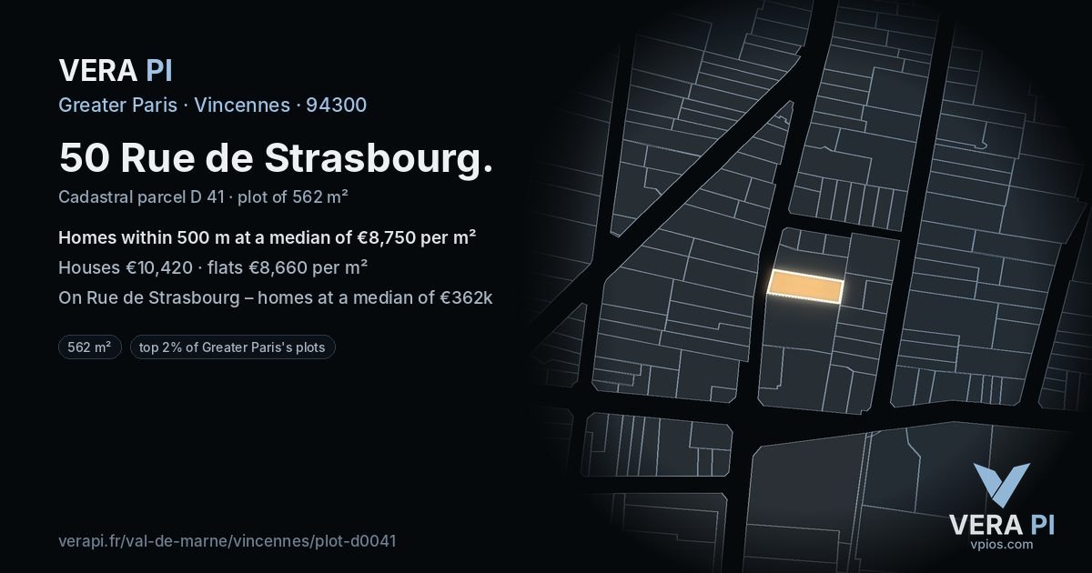 50 Rue de Strasbourg, Vincennes at night – the plot lit, the parcels around coloured by the prices near them