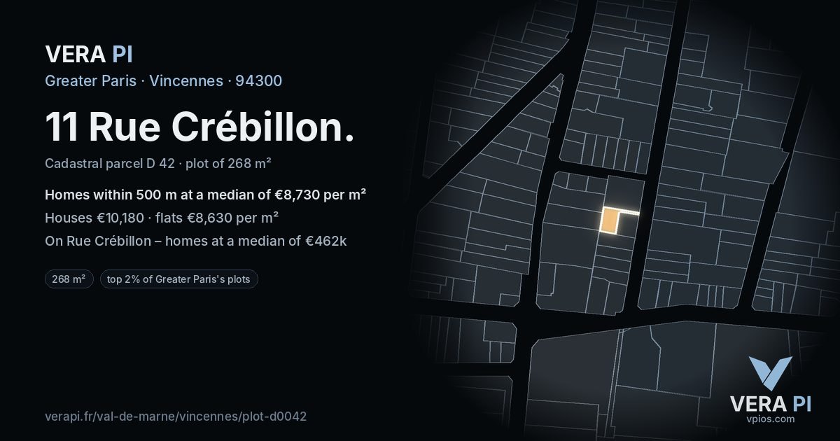 11 Rue Crébillon, Vincennes at night – the plot lit, the parcels around coloured by the prices near them