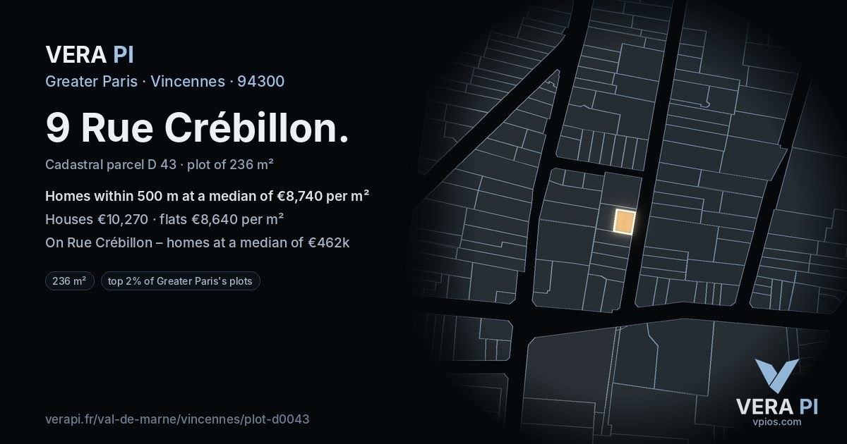 9 Rue Crébillon, Vincennes at night – the plot lit, the parcels around coloured by the prices near them