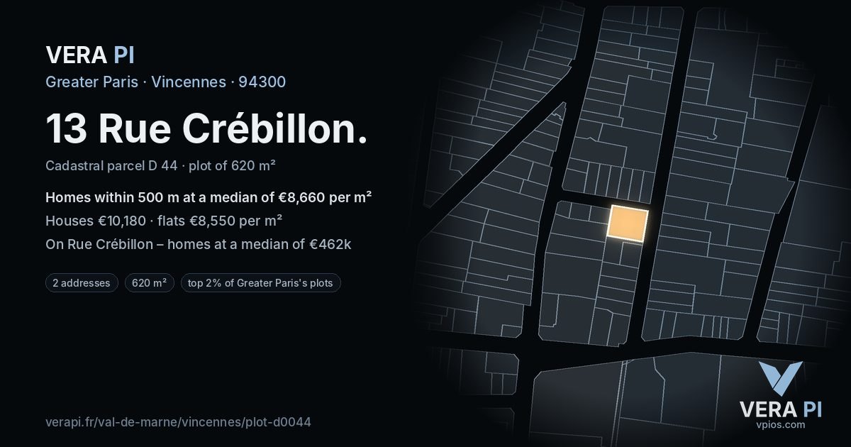 13 Rue Crébillon, Vincennes at night – the plot lit, the parcels around coloured by the prices near them