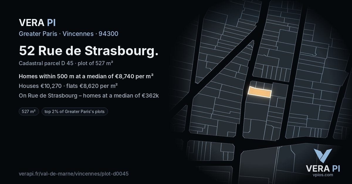 52 Rue de Strasbourg, Vincennes at night – the plot lit, the parcels around coloured by the prices near them